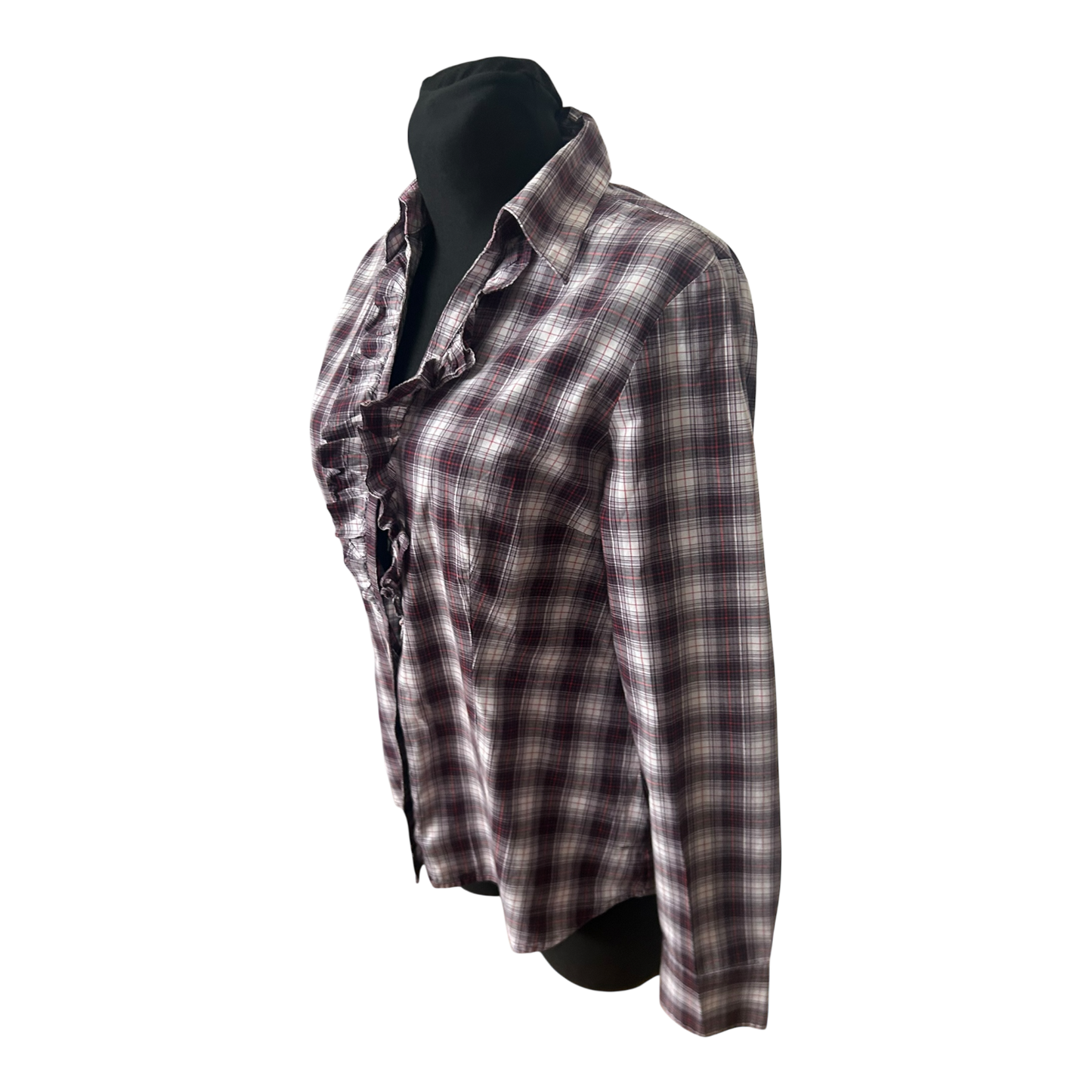 Mexx Damen Bluse Gr 42 Karo Rüschen Langarm Casual Baumwollmix