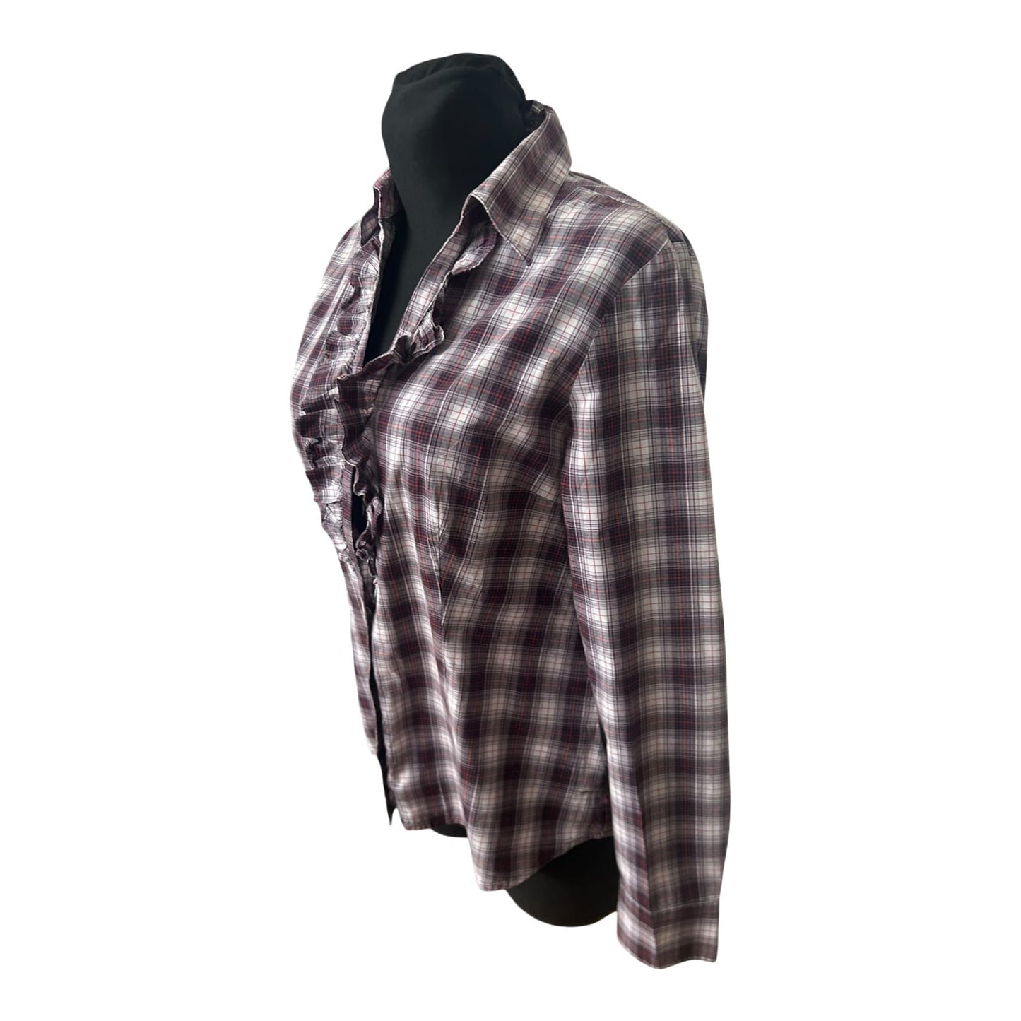 Mexx Damen Bluse Gr 42 Karo Rüschen Langarm Casual Baumwollmix