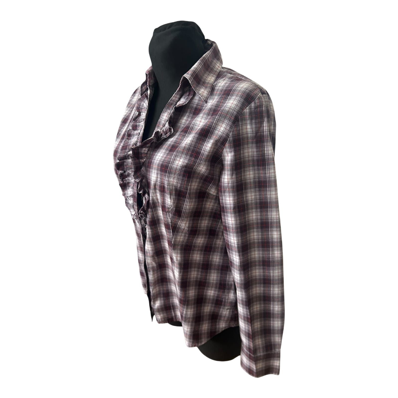 Mexx Damen Bluse Gr 42 Karo Rüschen Langarm Casual Baumwollmix