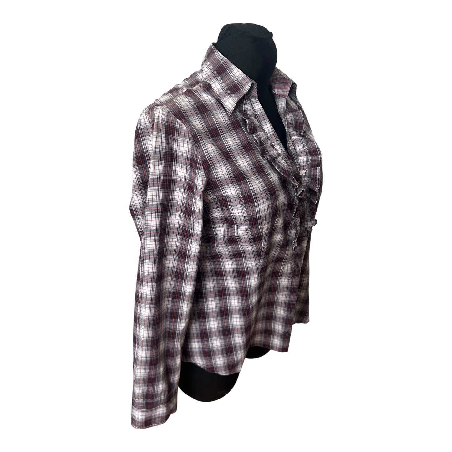 Mexx Damen Bluse Gr 42 Karo Rüschen Langarm Casual Baumwollmix