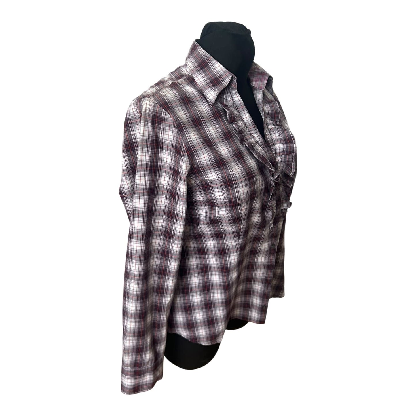Mexx Damen Bluse Gr 42 Karo Rüschen Langarm Casual Baumwollmix