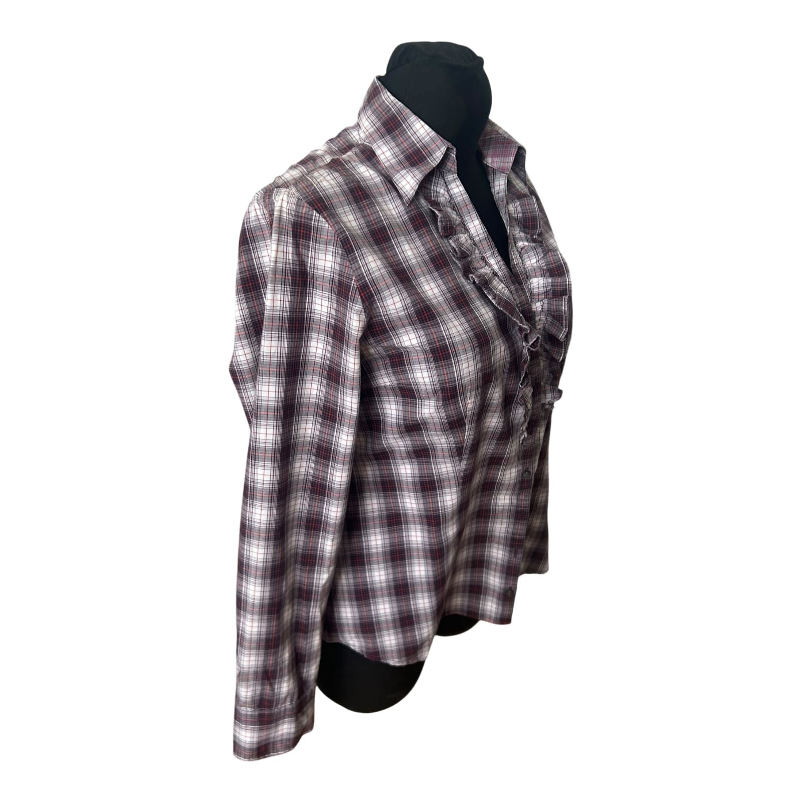 Mexx Damen Bluse Gr 42 Karo Rüschen Langarm Casual Baumwollmix