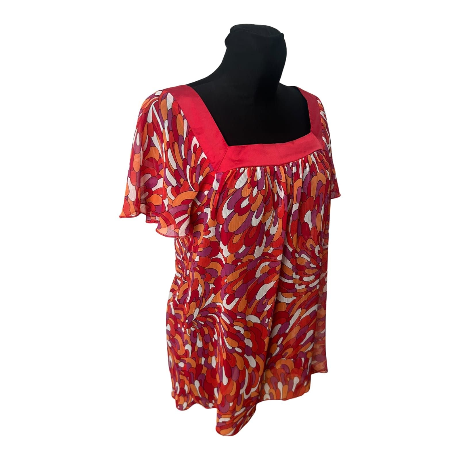 Orsay Bluse Damen Gr 42 Rot Orange Pink Kurzarm Transparent Sommer Casual
