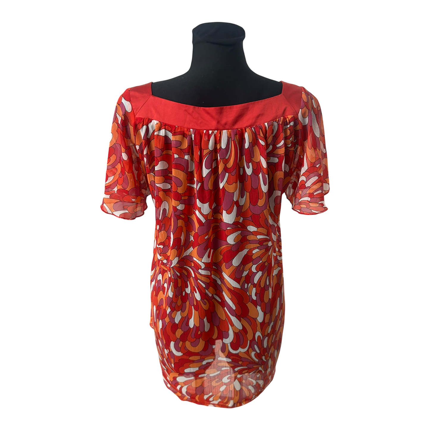 Orsay Bluse Damen Gr 42 Rot Orange Pink Kurzarm Transparent Sommer Casual