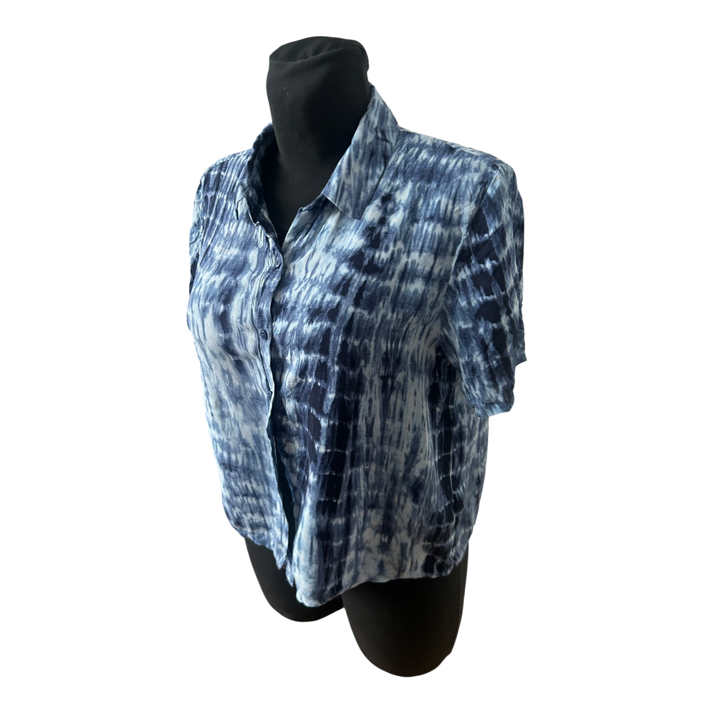 Pull&Bear Damen Bluse Kurzarm Batik Blau Weiß Sommer Casual Gr L