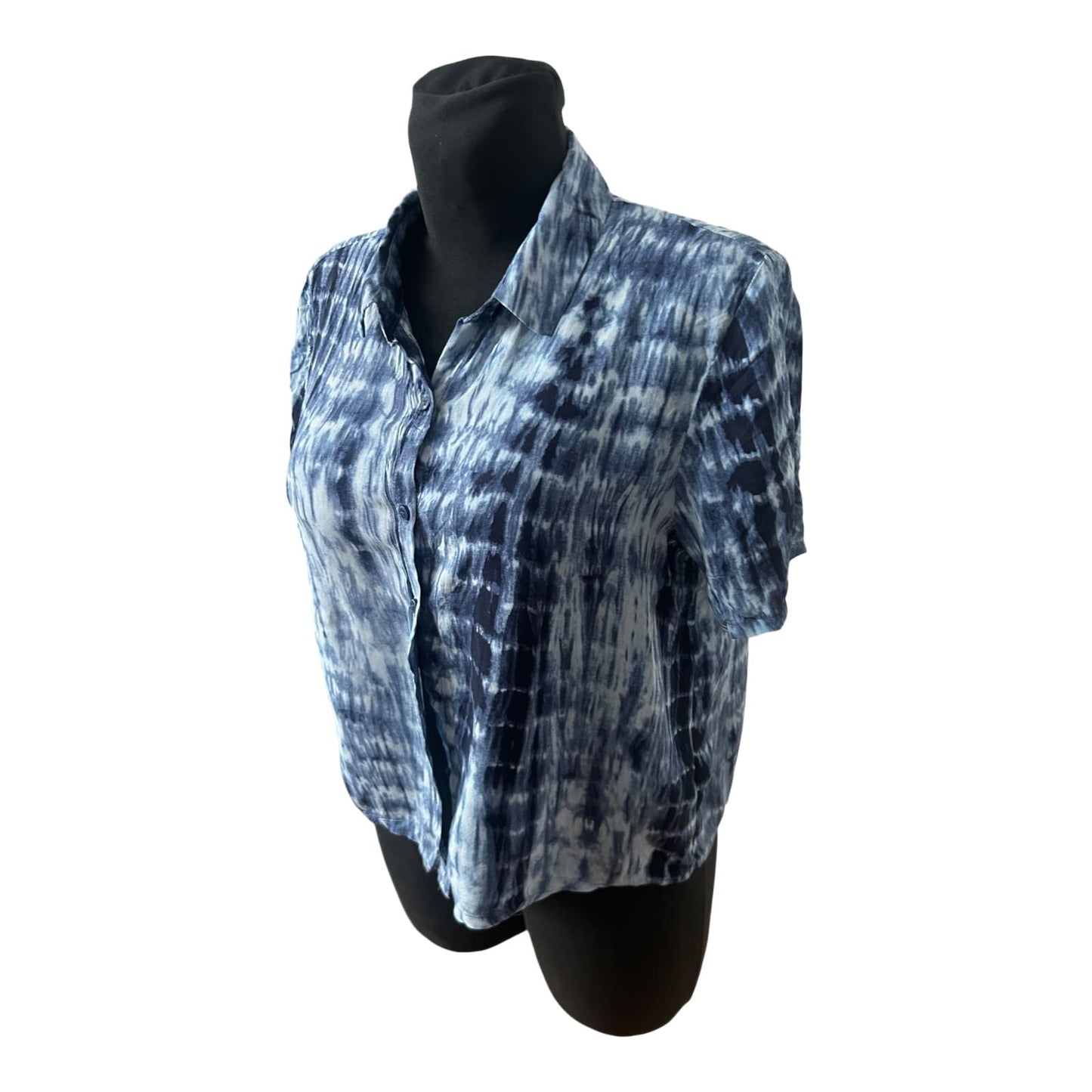 Pull&Bear Damen Bluse Kurzarm Batik Blau Weiß Sommer Casual Gr L