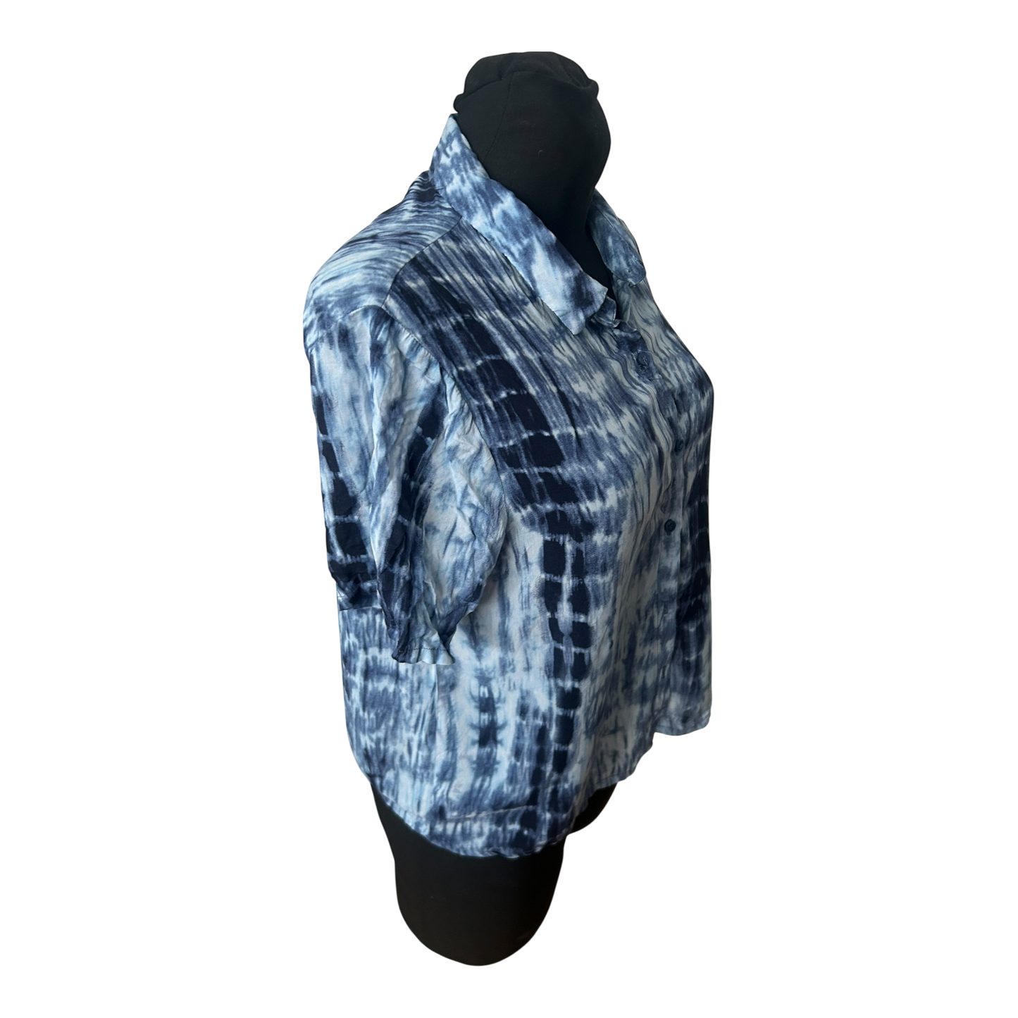 Pull&Bear Damen Bluse Kurzarm Batik Blau Weiß Sommer Casual Gr L