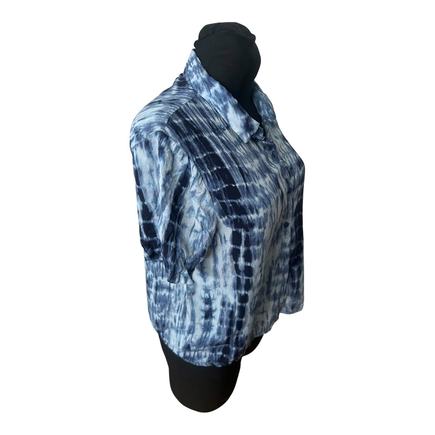 Pull&Bear Damen Bluse Kurzarm Batik Blau Weiß Sommer Casual Gr L