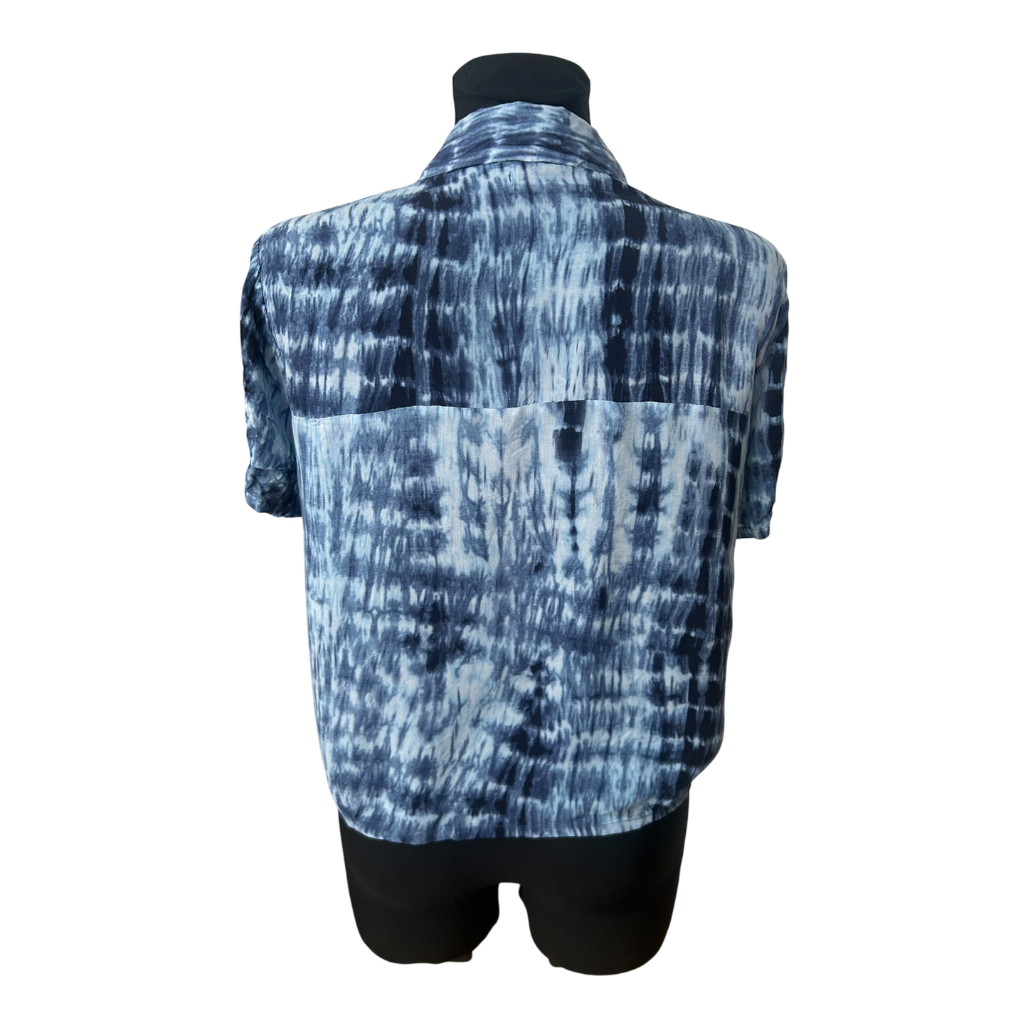 Pull&Bear Damen Bluse Kurzarm Batik Blau Weiß Sommer Casual Gr L