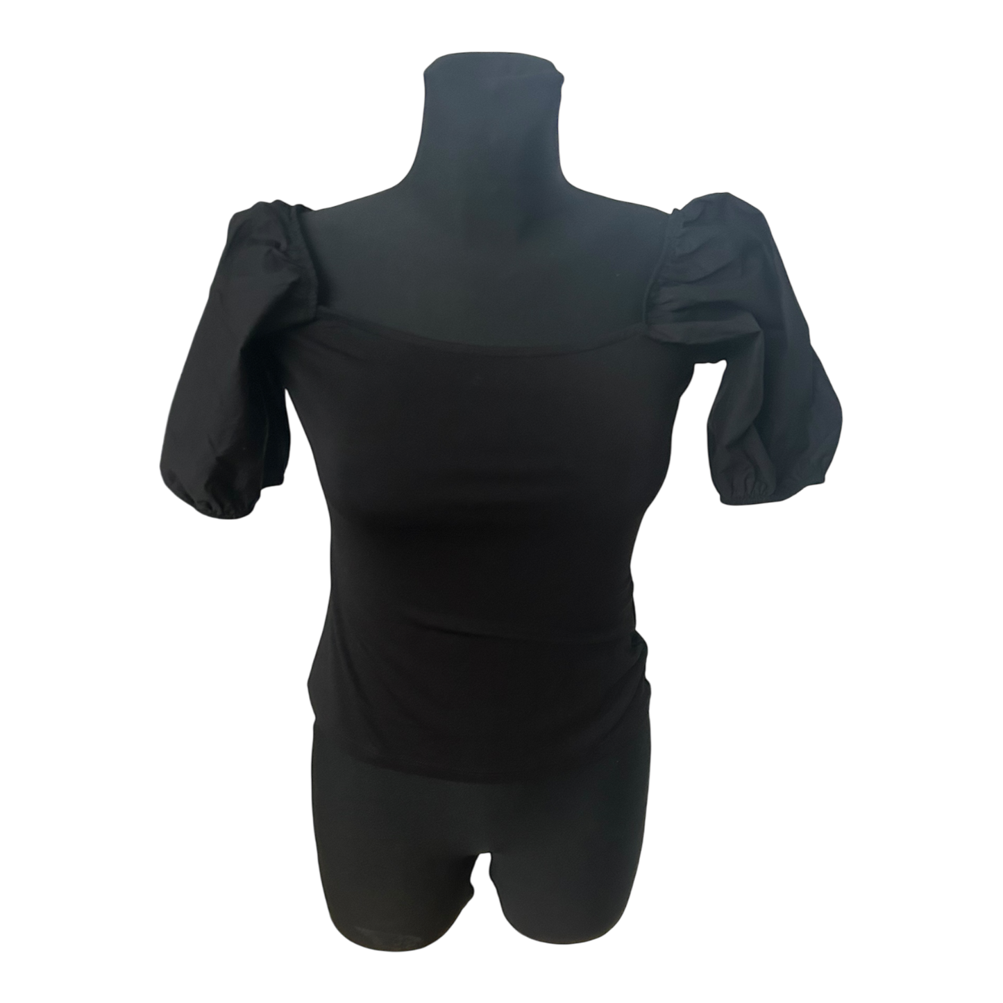 H&M Damen Bluse Shirt Gr S Schwarz Kurzarm Puffärmel Baumwollmix Casual