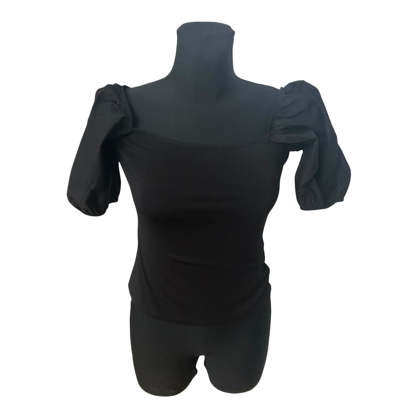 H&M Damen Bluse Shirt Gr S Schwarz Kurzarm Puffärmel Baumwollmix Casual