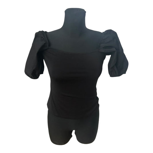 H&M Damen Bluse Shirt Gr S Schwarz Kurzarm Puffärmel Baumwollmix Casual