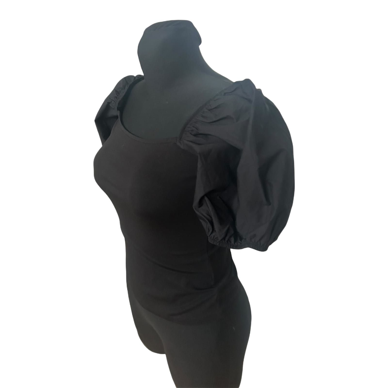 H&M Damen Bluse Shirt Gr S Schwarz Kurzarm Puffärmel Baumwollmix Casual