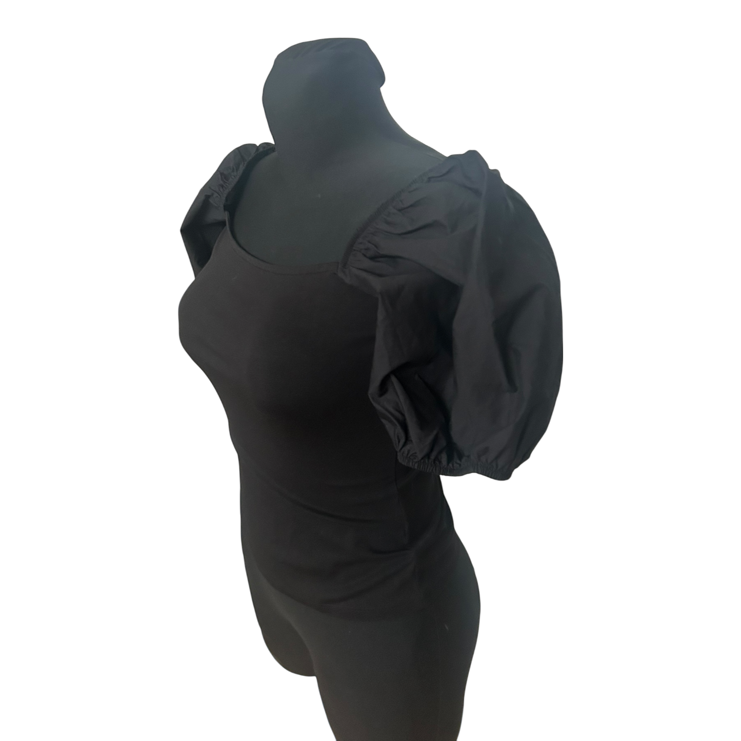 H&M Damen Bluse Shirt Gr S Schwarz Kurzarm Puffärmel Baumwollmix Casual