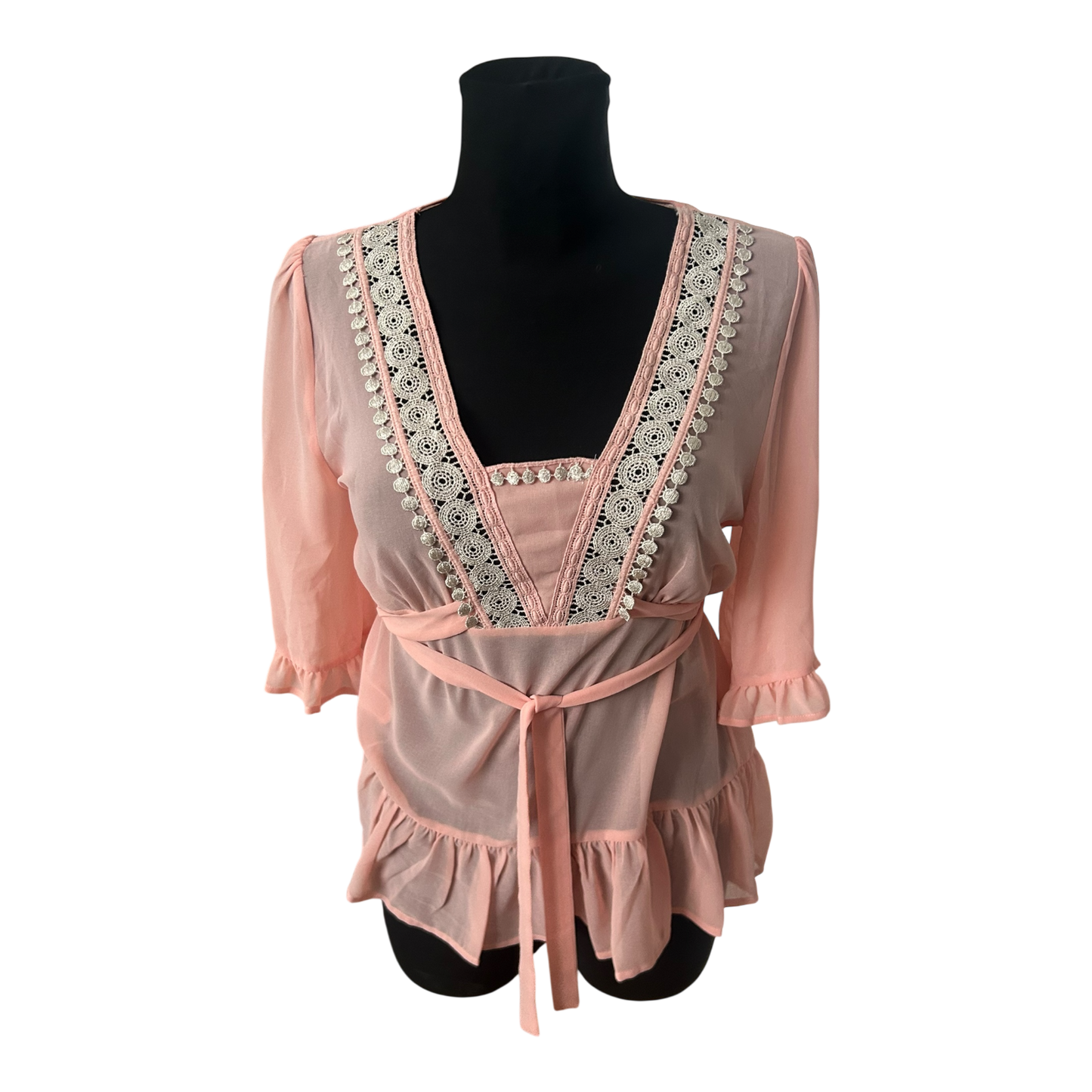 Sorbet Damen Bluse Gr S Rosa Spitze Volants Sommer Casual Tunika