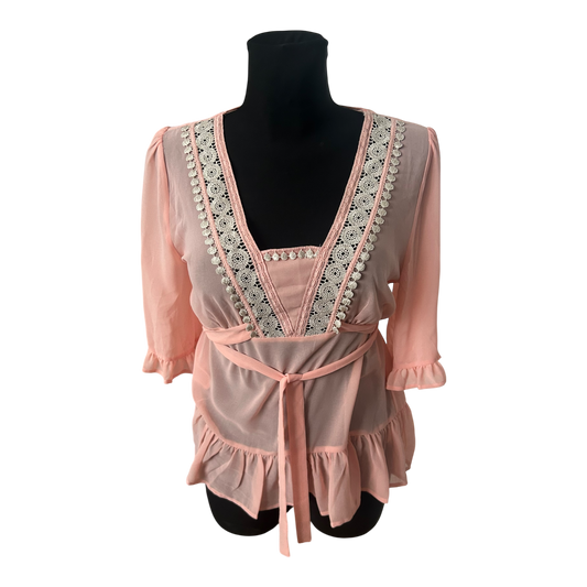 Sorbet Damen Bluse Gr S Rosa Spitze Volants Sommer Casual Tunika