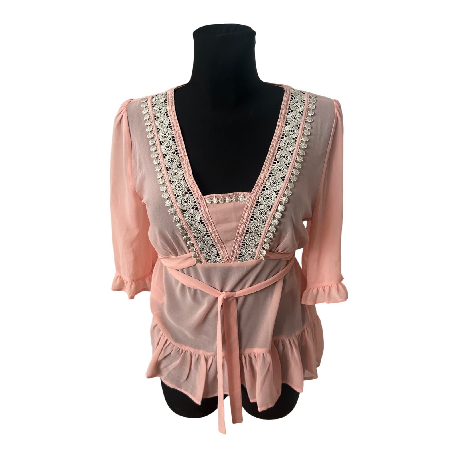 Sorbet Damen Bluse Gr S Rosa Spitze Volants Sommer Casual Tunika