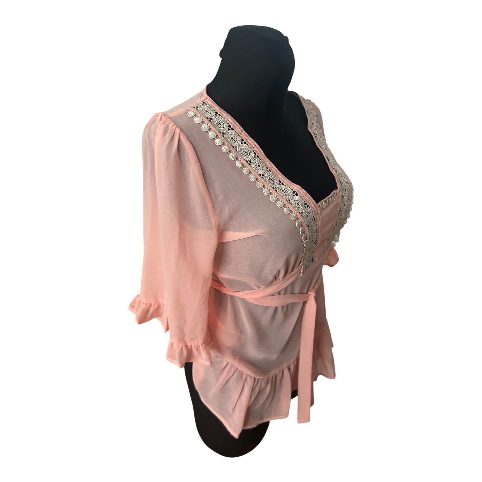 Sorbet Damen Bluse Gr S Rosa Spitze Volants Sommer Casual Tunika