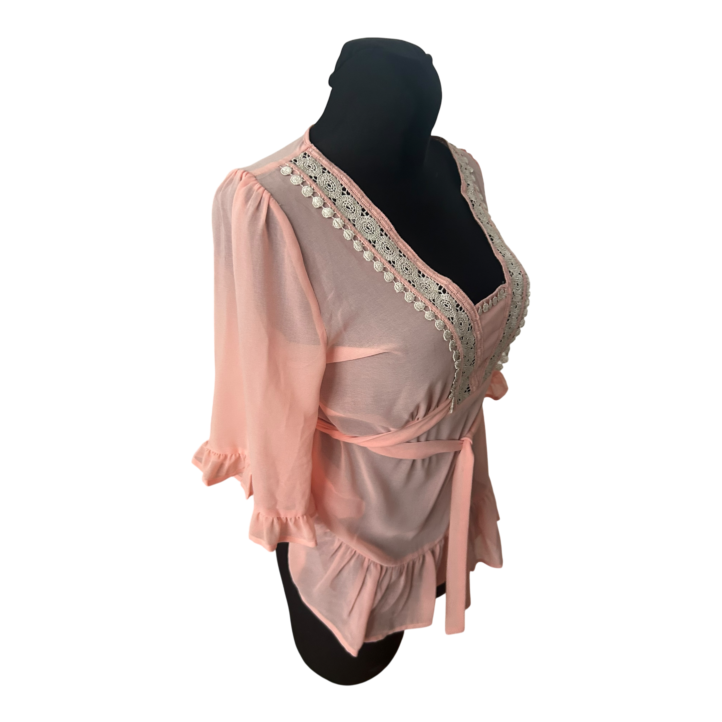 Sorbet Damen Bluse Gr S Rosa Spitze Volants Sommer Casual Tunika