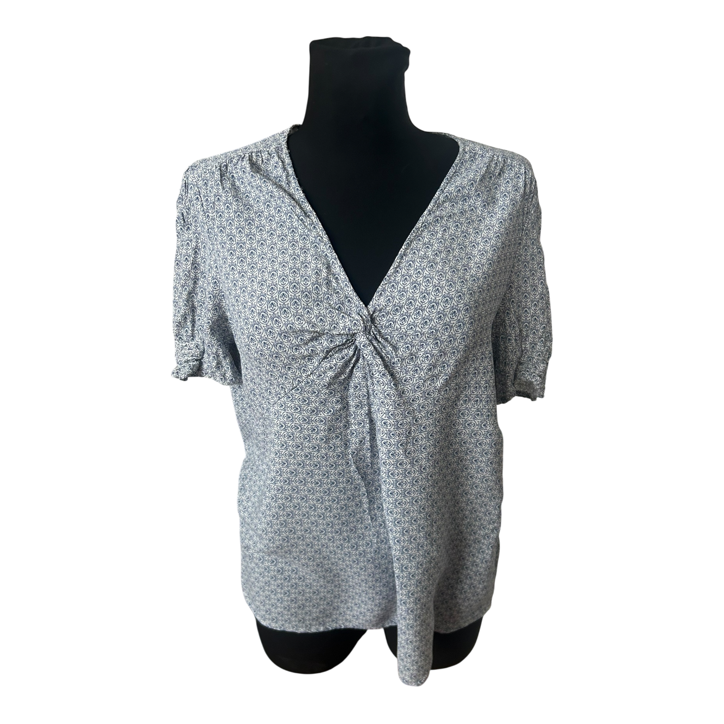 Yessica Damen Bluse Größe 42 Blau Weiß Muster Kurzarm Sommer Viskose Casual