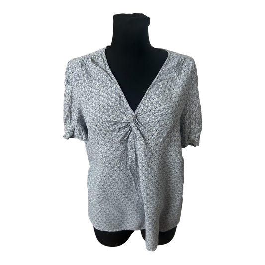 Yessica Damen Bluse Größe 42 Blau Weiß Muster Kurzarm Sommer Viskose Casual