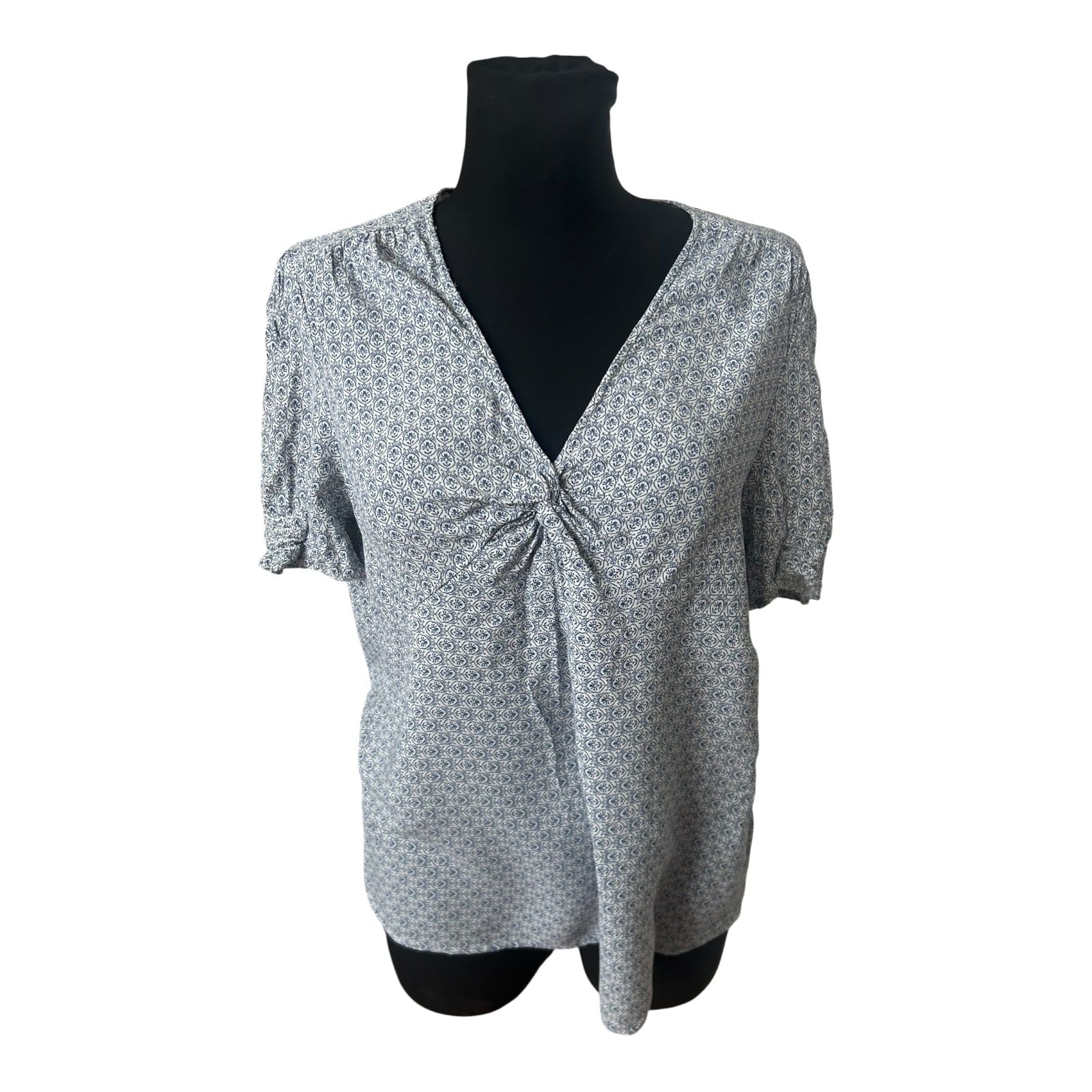 Yessica Damen Bluse Größe 42 Blau Weiß Muster Kurzarm Sommer Viskose Casual