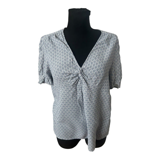 Yessica Damen Bluse Größe 42 Blau Weiß Muster Kurzarm Sommer Viskose Casual