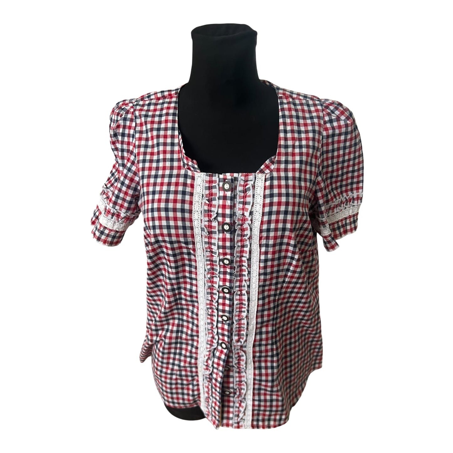 Laura T Trachtenbluse Damen Gr L Rot Weiss Blau Kariert Kurzarm Baumwollmix