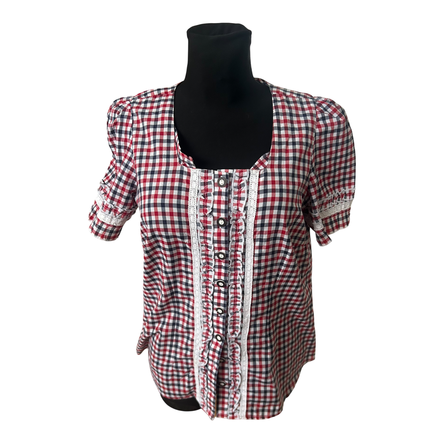 Laura T Trachtenbluse Damen Gr L Rot Weiss Blau Kariert Kurzarm Baumwollmix