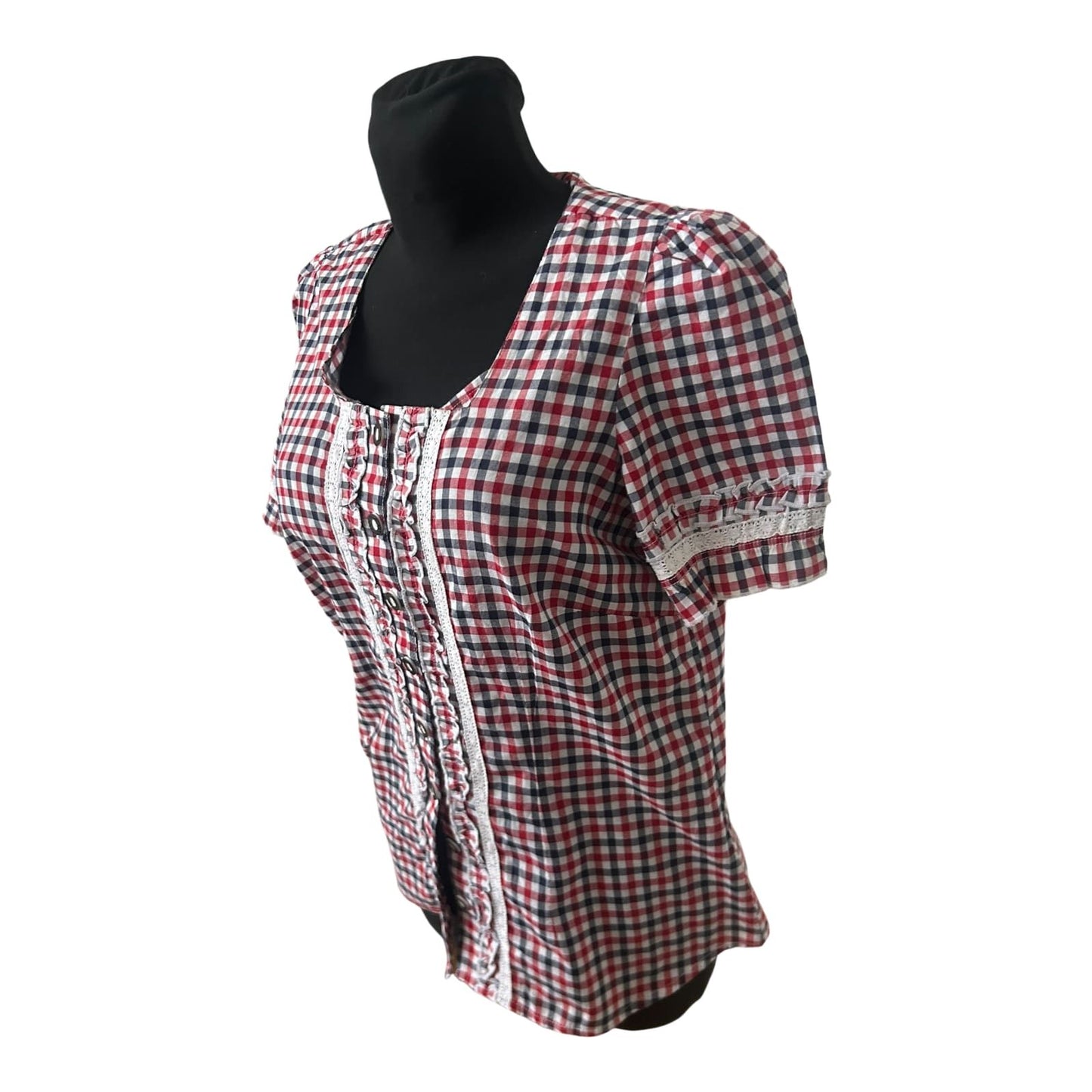 Laura T Trachtenbluse Damen Gr L Rot Weiss Blau Kariert Kurzarm Baumwollmix
