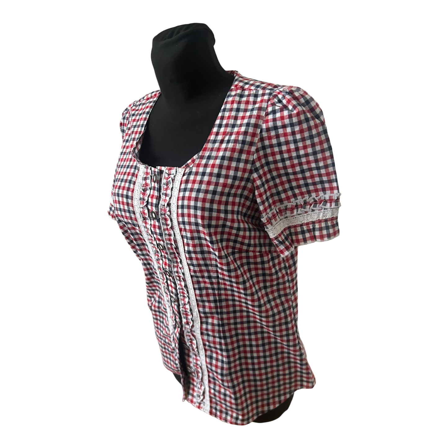 Laura T Trachtenbluse Damen Gr L Rot Weiss Blau Kariert Kurzarm Baumwollmix