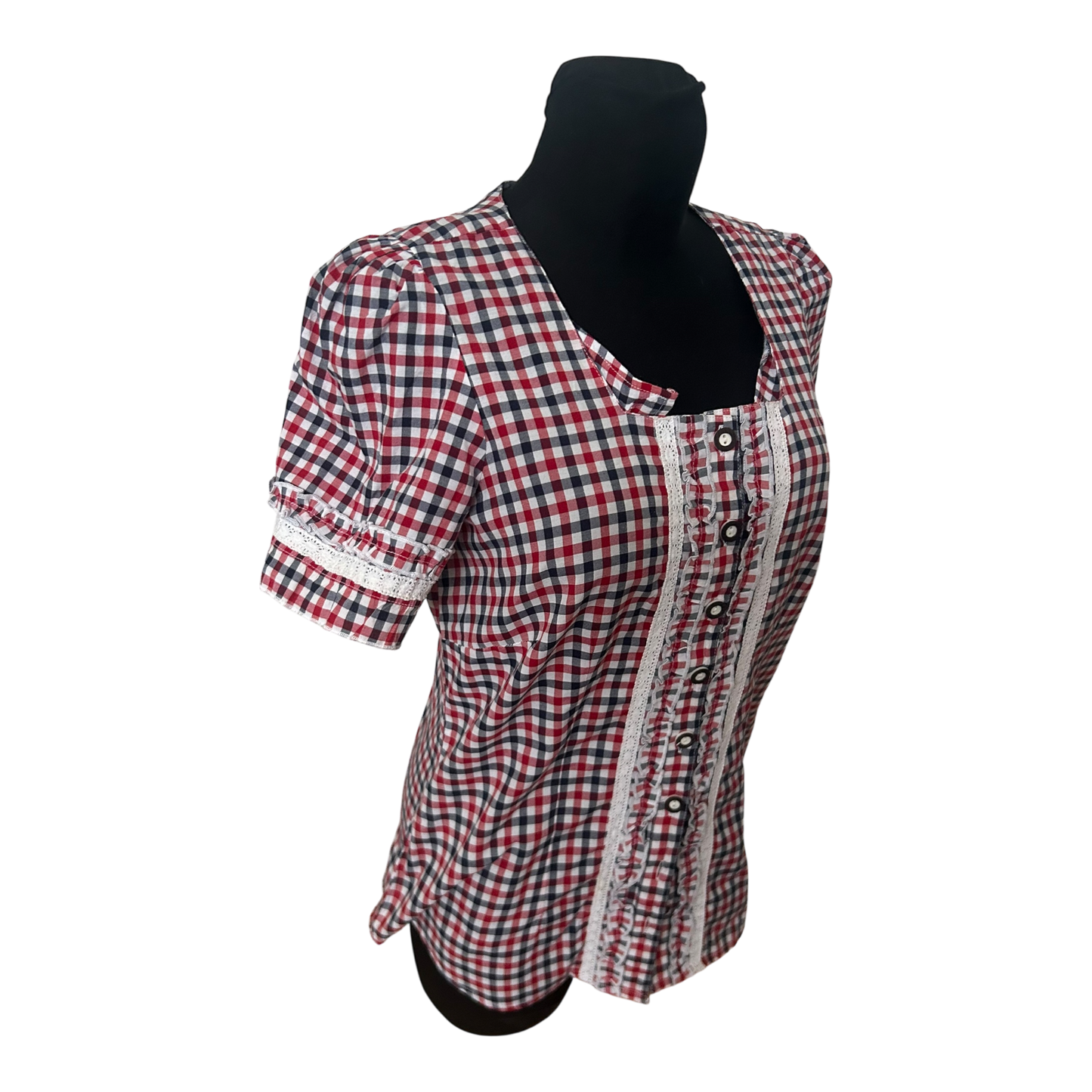 Laura T Trachtenbluse Damen Gr L Rot Weiss Blau Kariert Kurzarm Baumwollmix