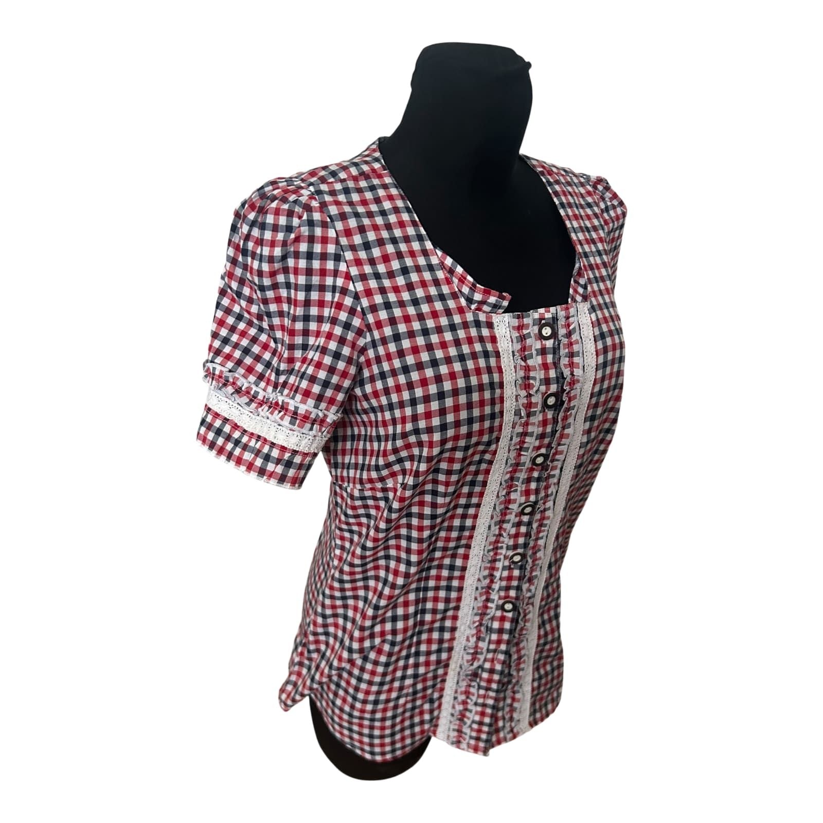 Laura T Trachtenbluse Damen Gr L Rot Weiss Blau Kariert Kurzarm Baumwollmix