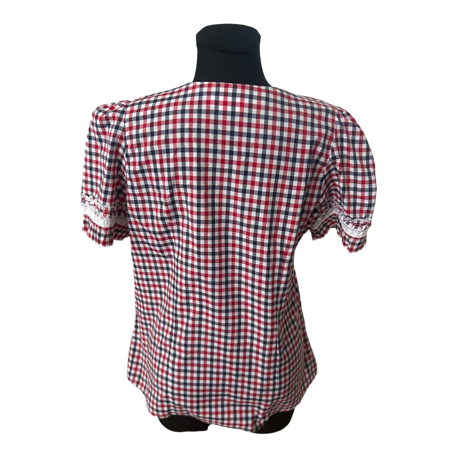 Laura T Trachtenbluse Damen Gr L Rot Weiss Blau Kariert Kurzarm Baumwollmix