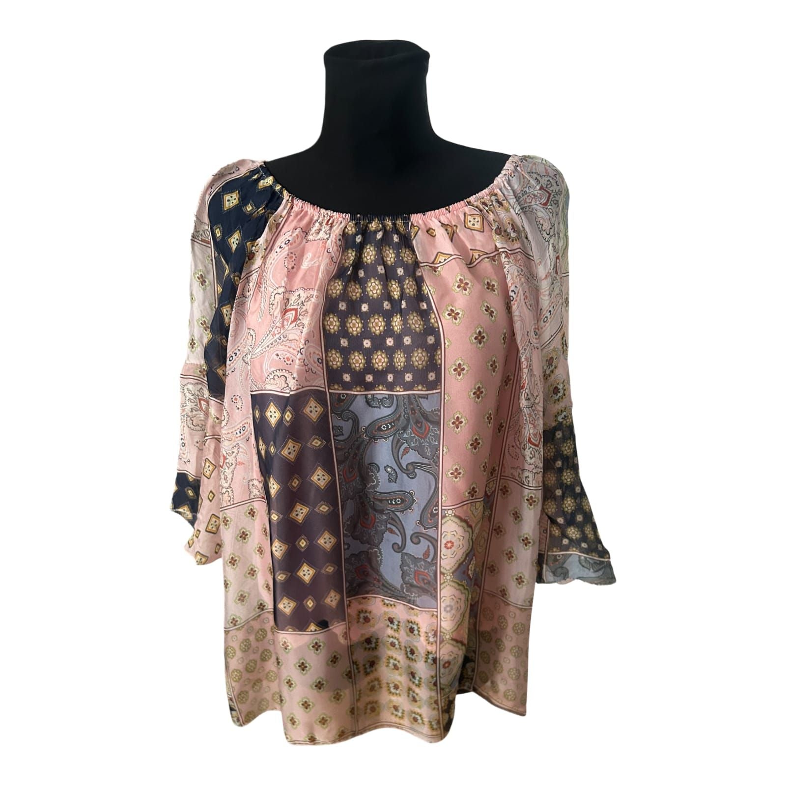 Damen Bluse Tunika Gr L Patchwork Muster Seide Viskose 3/4 Arm Elegant