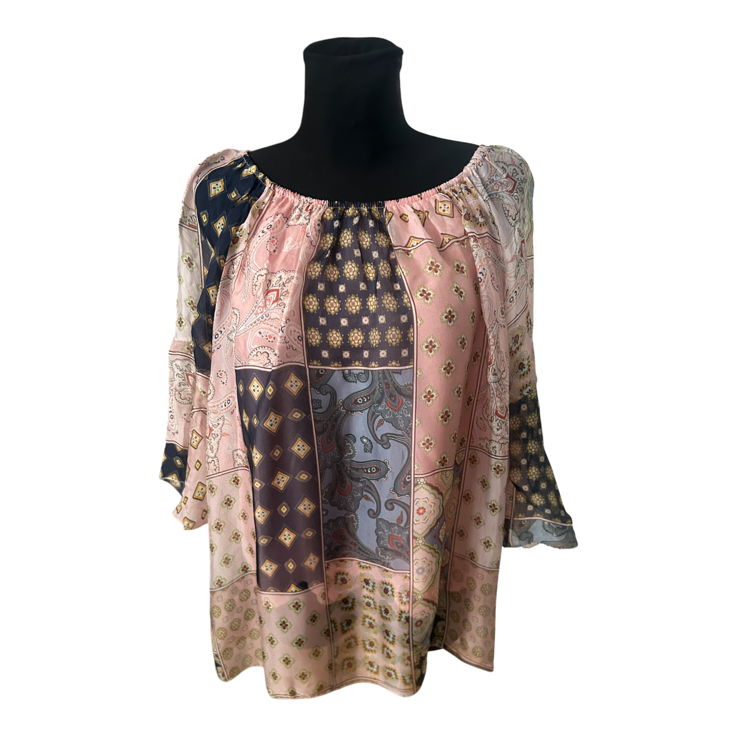 Damen Bluse Tunika Gr L Patchwork Muster Seide Viskose 3/4 Arm Elegant