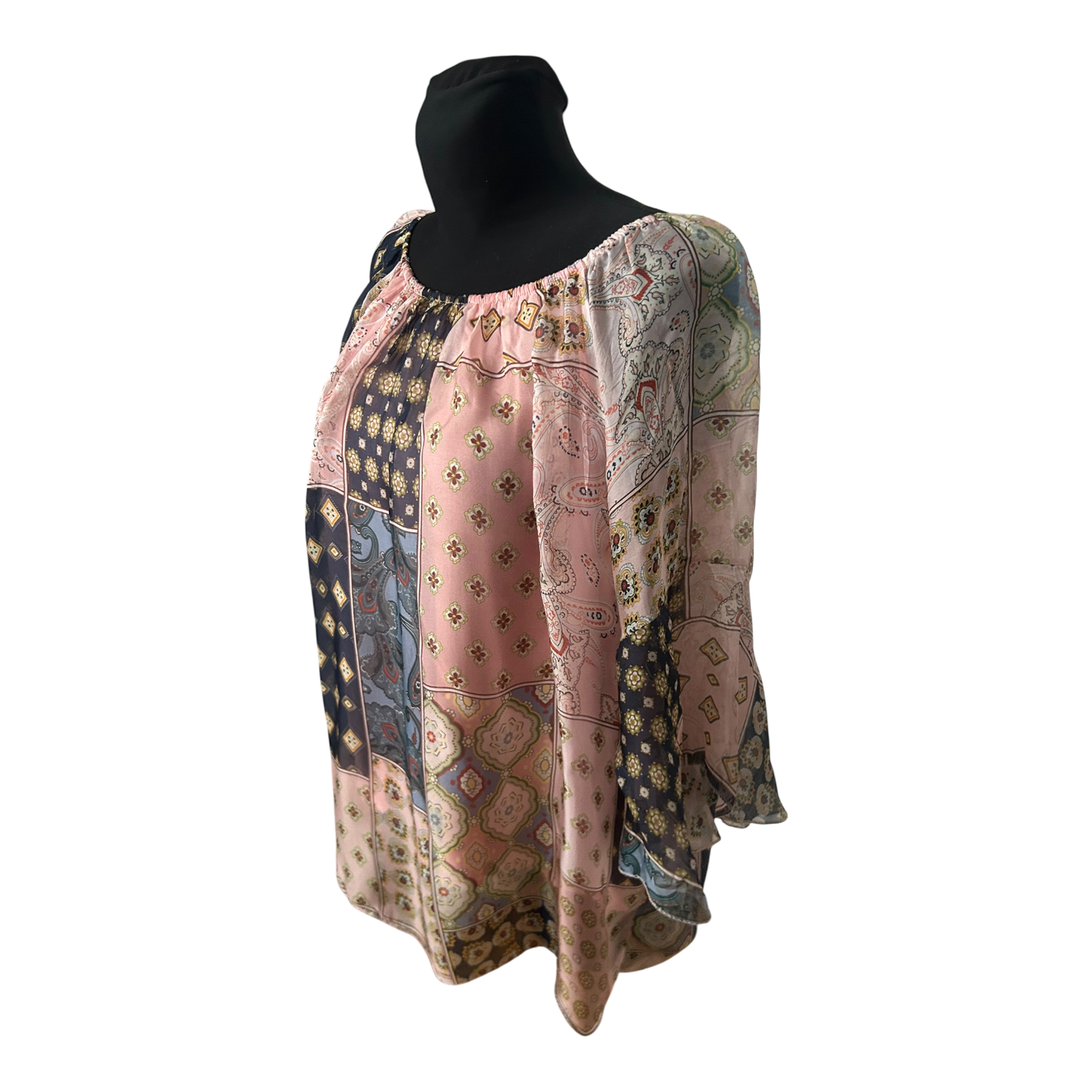 Damen Bluse Tunika Gr L Patchwork Muster Seide Viskose 3/4 Arm Elegant