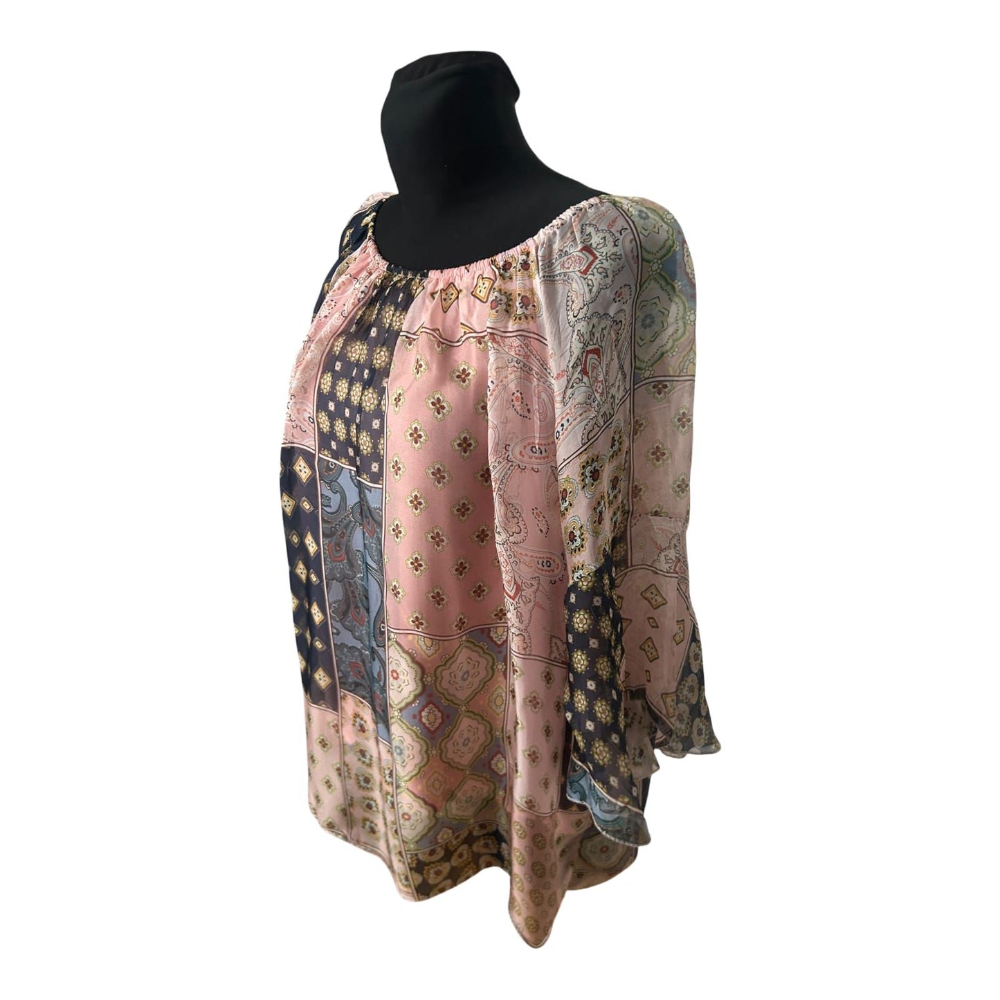 Damen Bluse Tunika Gr L Patchwork Muster Seide Viskose 3/4 Arm Elegant