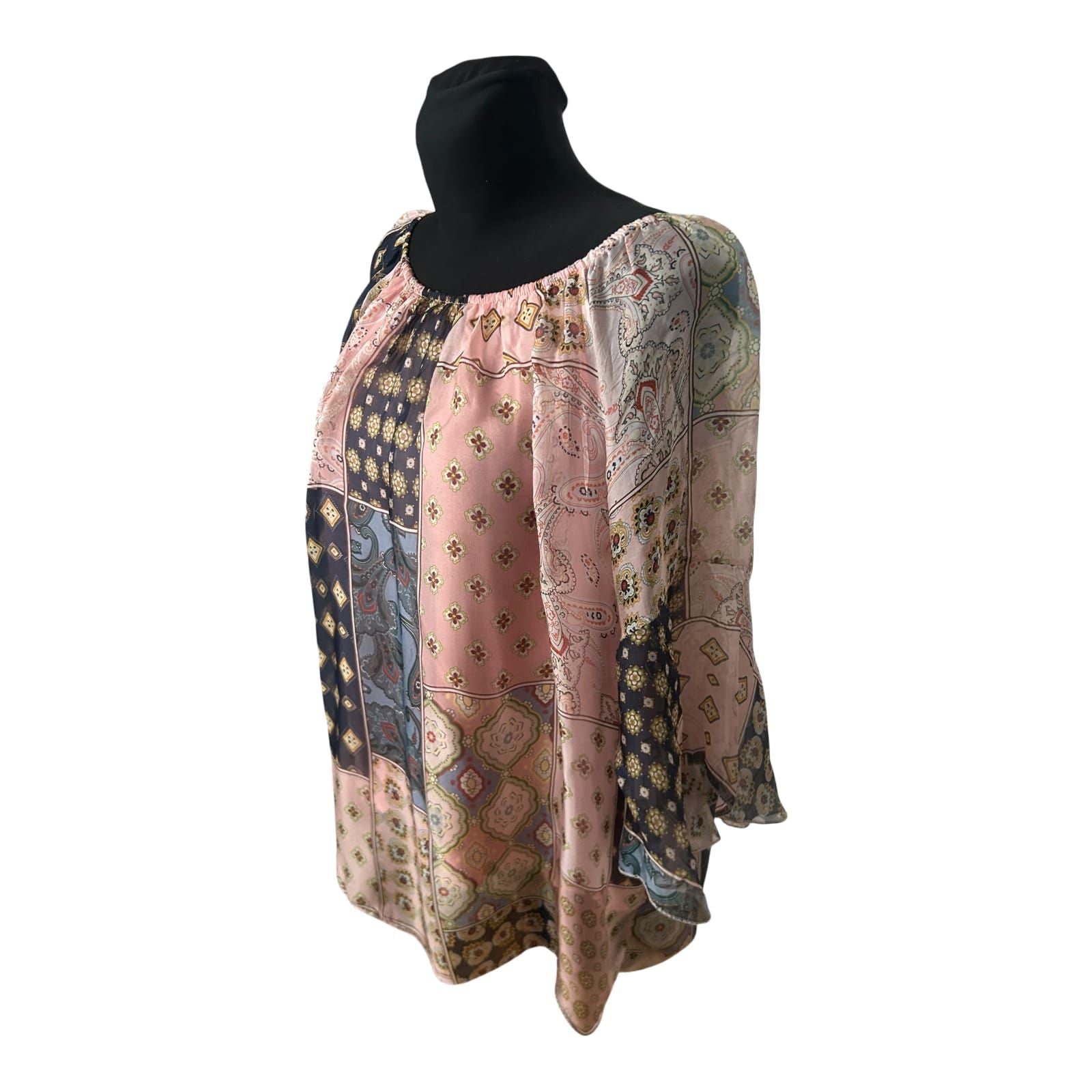 Damen Bluse Tunika Gr L Patchwork Muster Seide Viskose 3/4 Arm Elegant