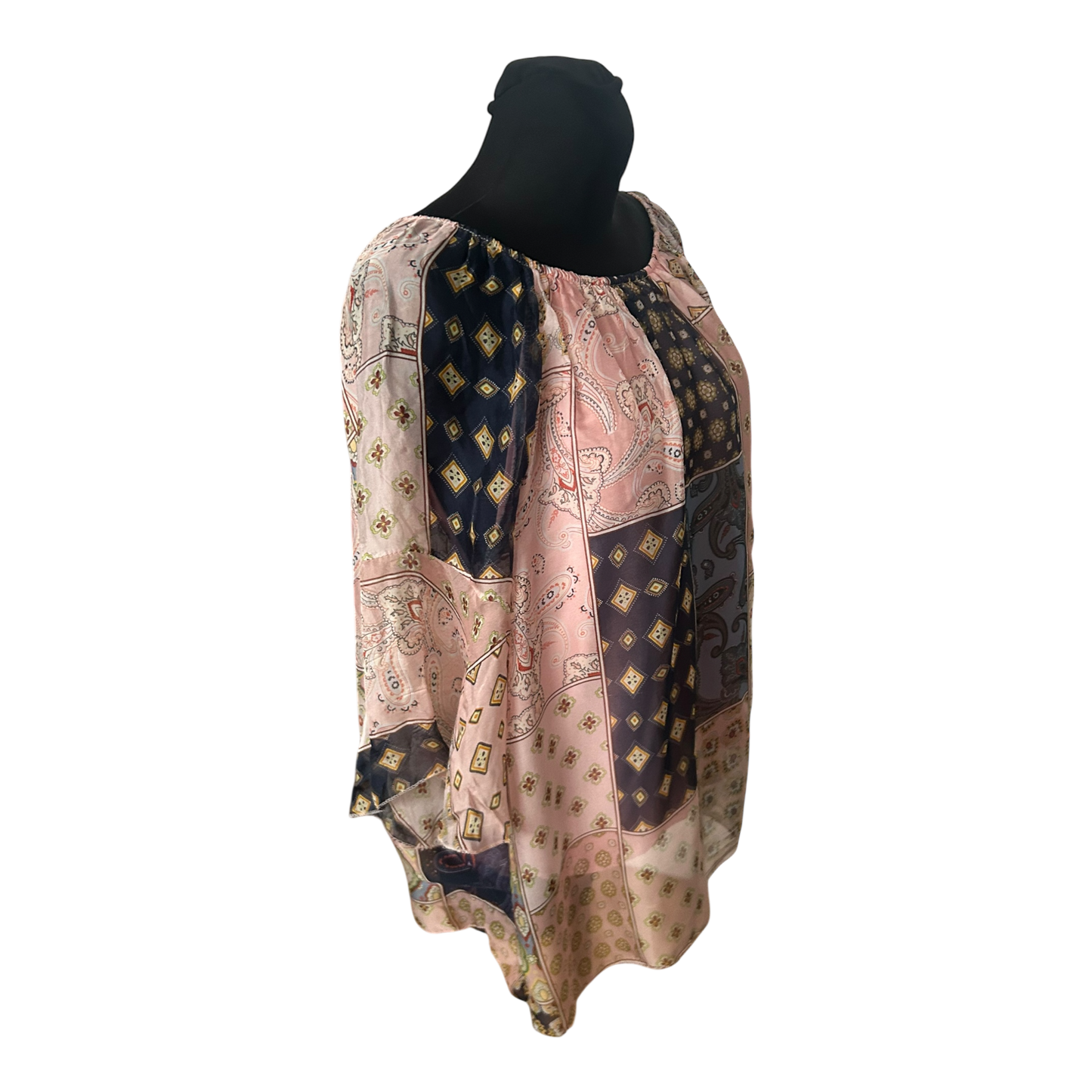 Damen Bluse Tunika Gr L Patchwork Muster Seide Viskose 3/4 Arm Elegant