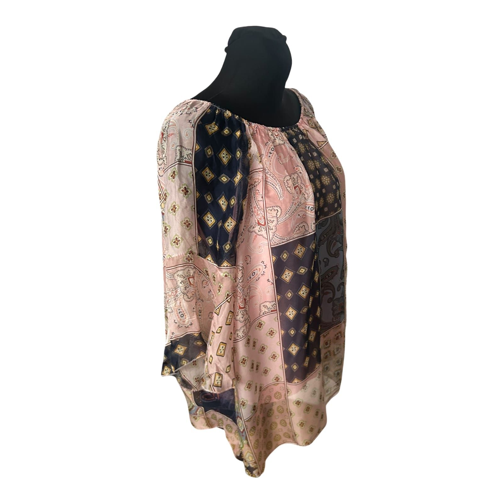 Damen Bluse Tunika Gr L Patchwork Muster Seide Viskose 3/4 Arm Elegant