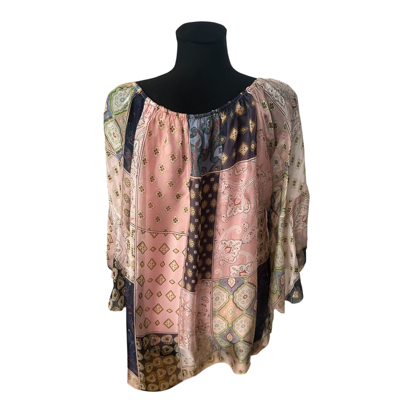 Damen Bluse Tunika Gr L Patchwork Muster Seide Viskose 3/4 Arm Elegant