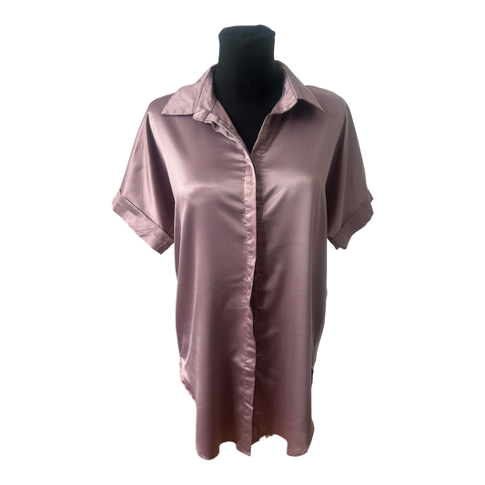 Satinbluse Damen Lang Altrosa Größe L Kurzarm Verdeckte Knopfleiste Elegant Chic