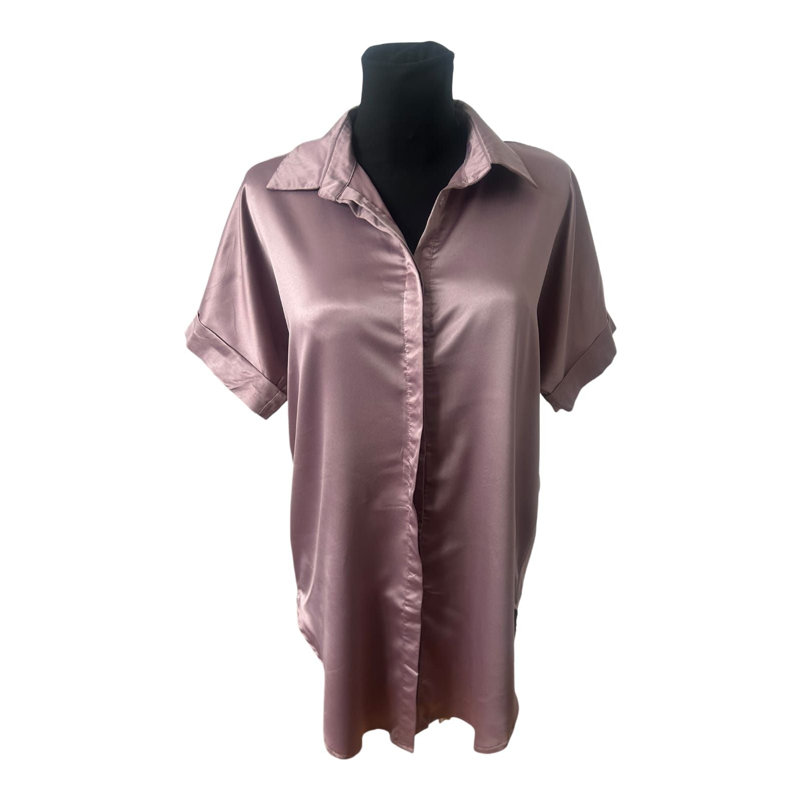 Satinbluse Damen Lang Altrosa Größe L Kurzarm Verdeckte Knopfleiste Elegant Chic