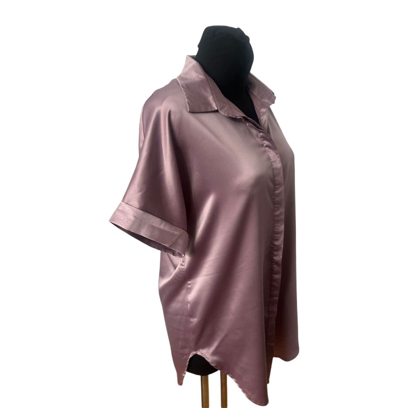Satinbluse Damen Lang Altrosa Größe L Kurzarm Verdeckte Knopfleiste Elegant Chic
