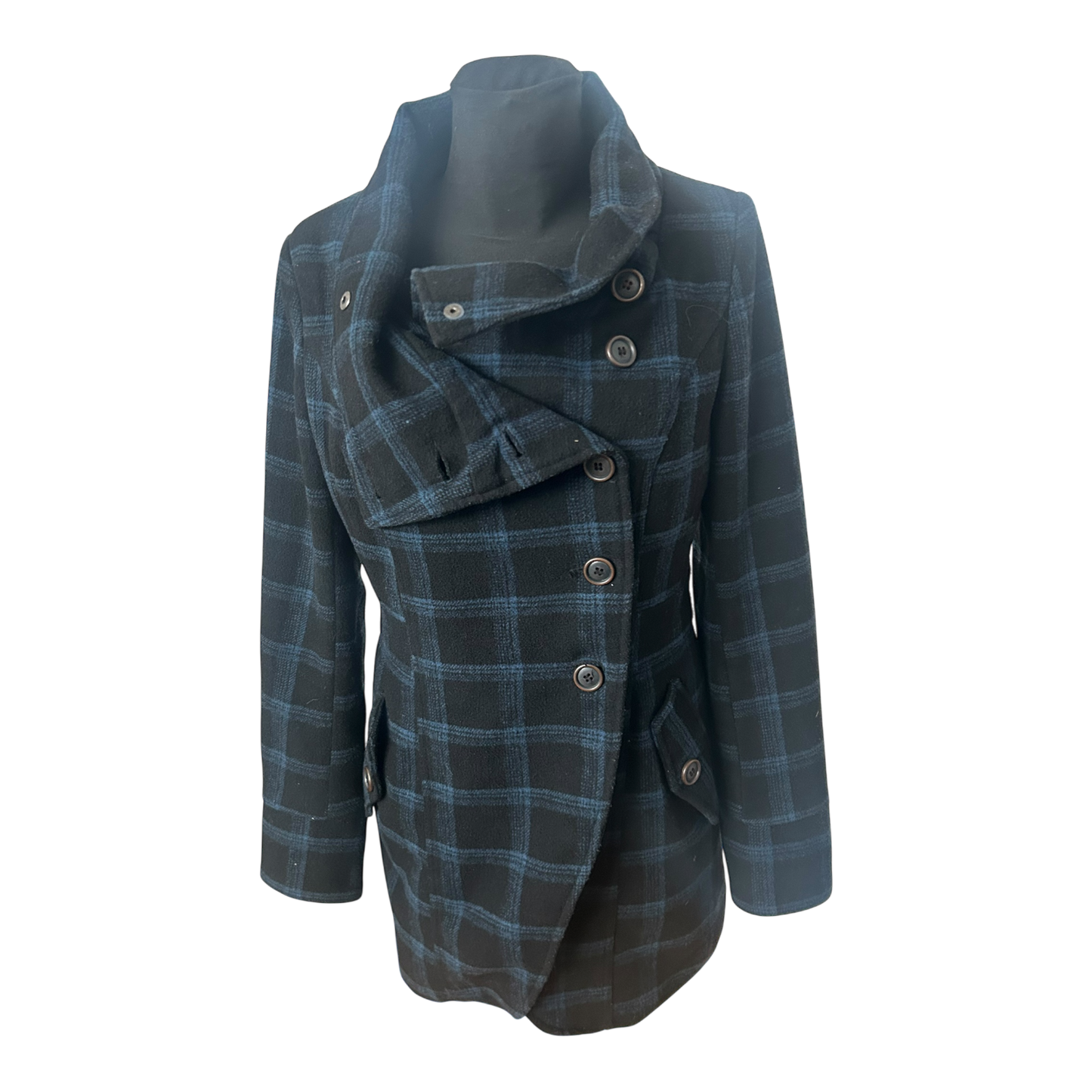 Fresh Made Mantel Damen Gr M Schwarz Blau Kariert Elegant Wollmix