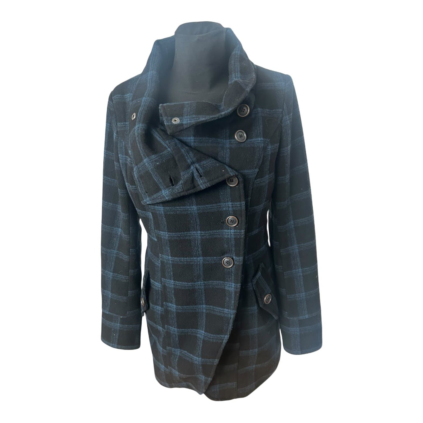 Fresh Made Mantel Damen Gr M Schwarz Blau Kariert Elegant Wollmix