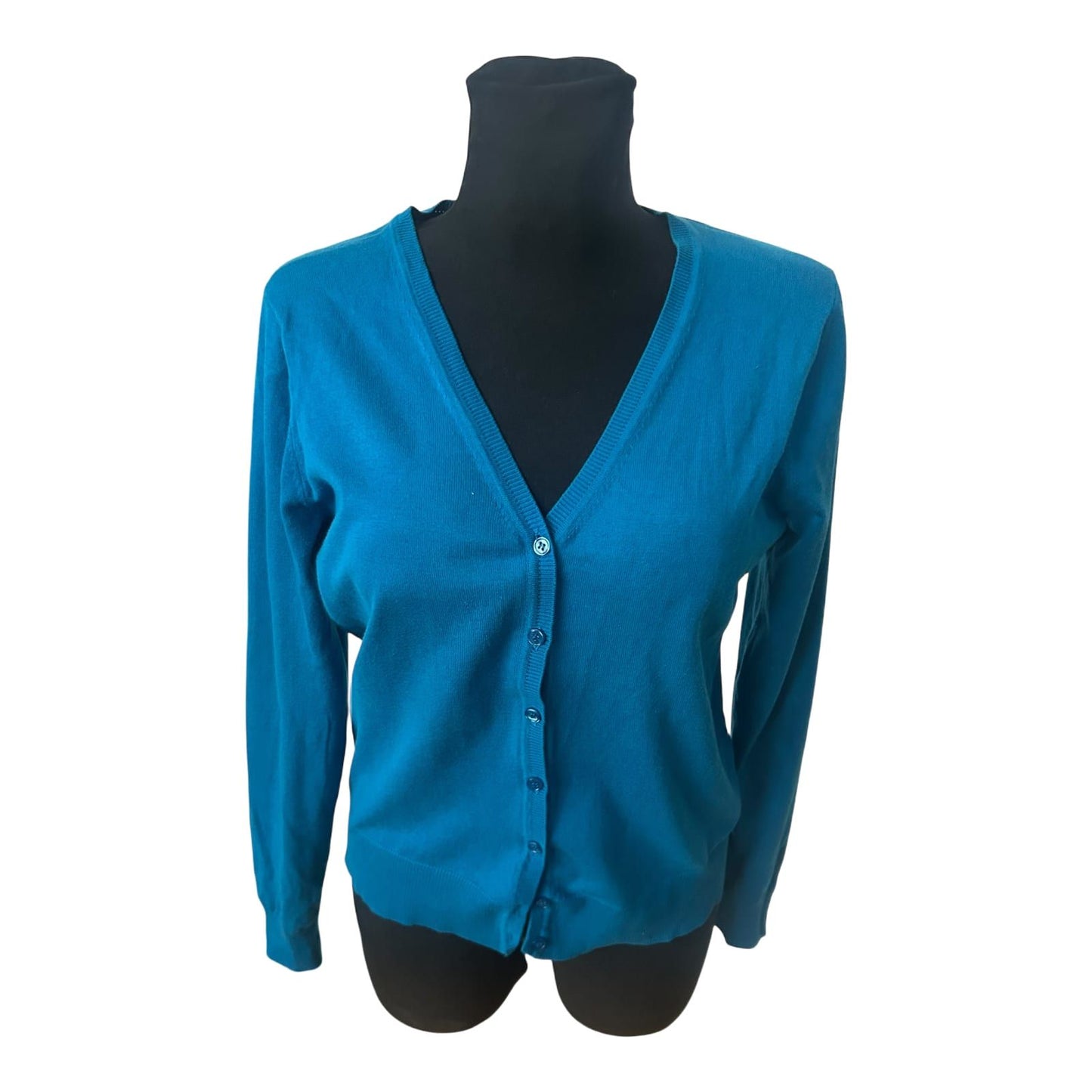 WE Damen Strickjacke Gr M Türkis Blau V-Ausschnitt Baumwollmix Langarm