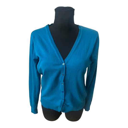 WE Damen Strickjacke Gr M Türkis Blau V-Ausschnitt Baumwollmix Langarm