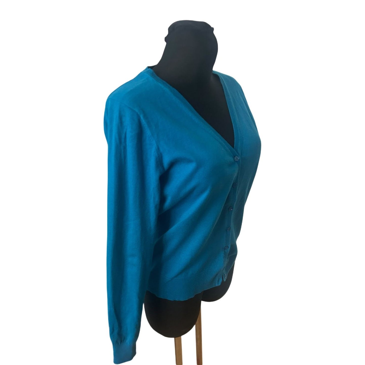 WE Damen Strickjacke Gr M Türkis Blau V-Ausschnitt Baumwollmix Langarm